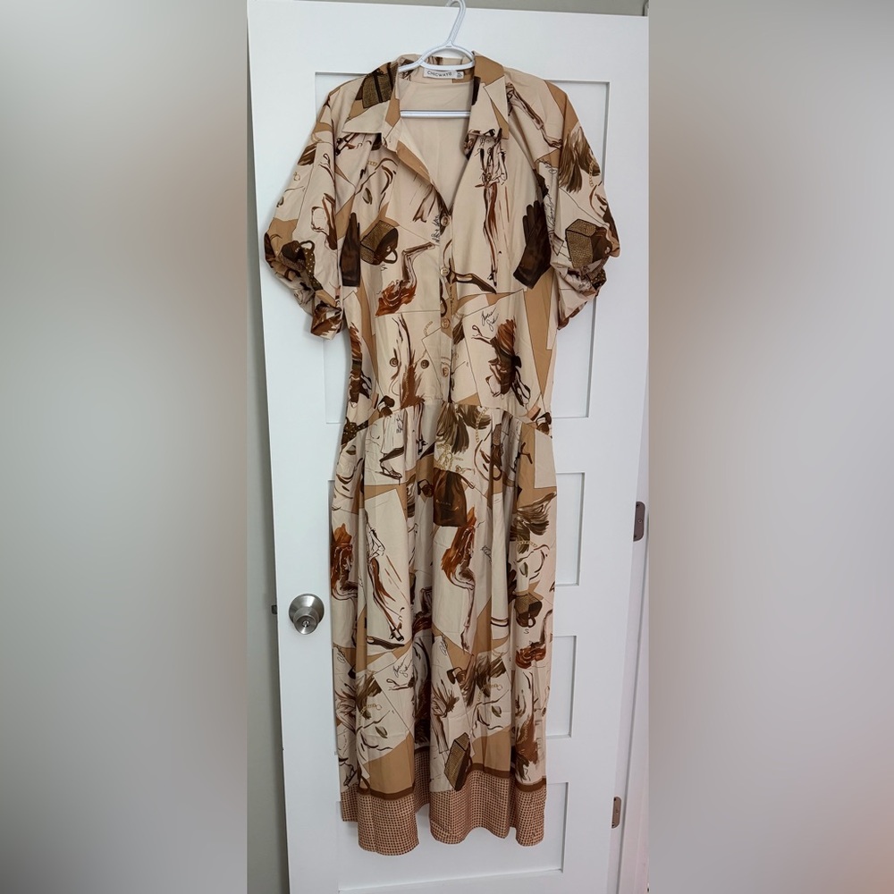 Elegant Beige Floral Midi Dress